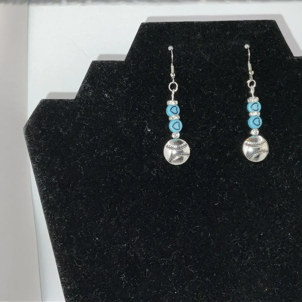Baseball, Softball W/ BlueHearts Hook Earrings Shiny Finish Silver PlayBall New